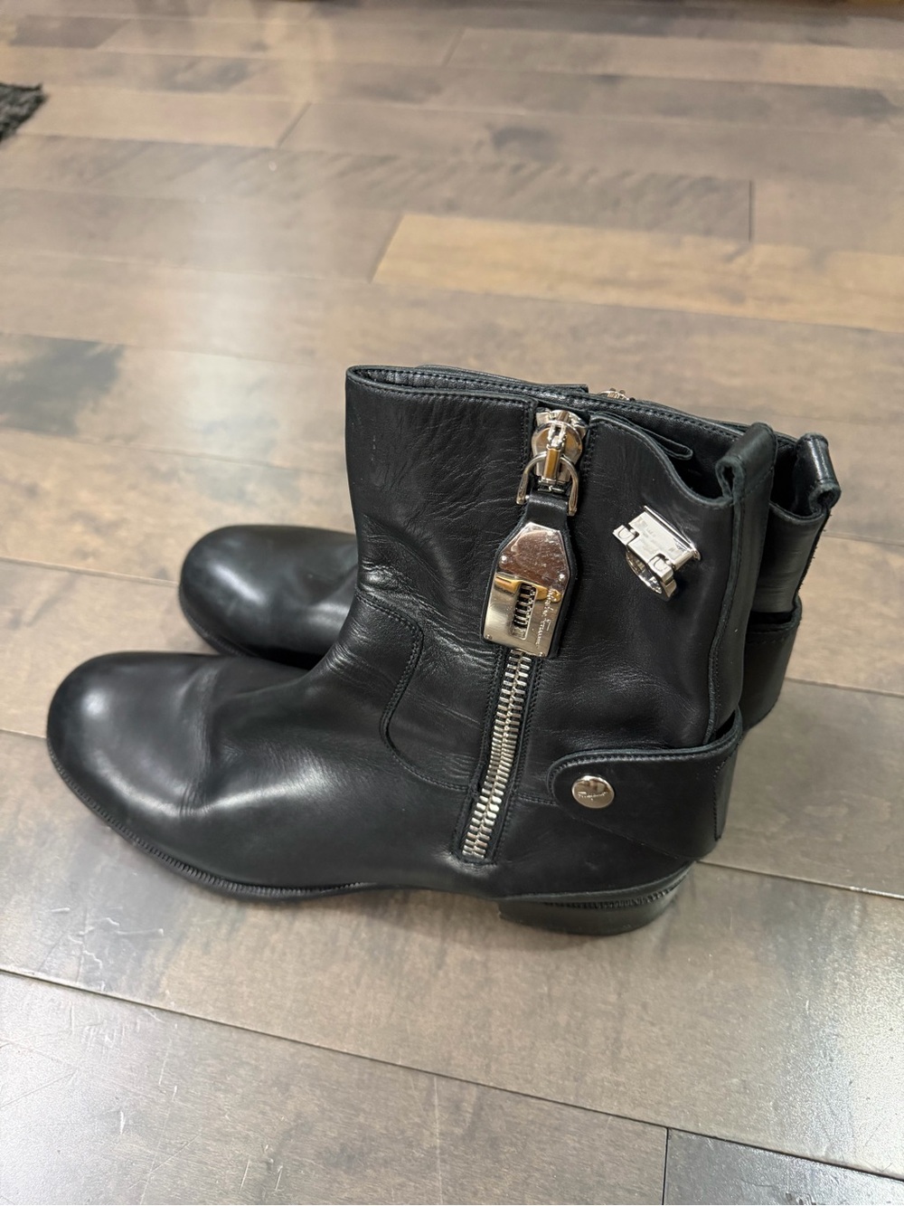 Salvatore Ferragamo Black Leather Ankle Boots with Silver Padlock Detail Size 11